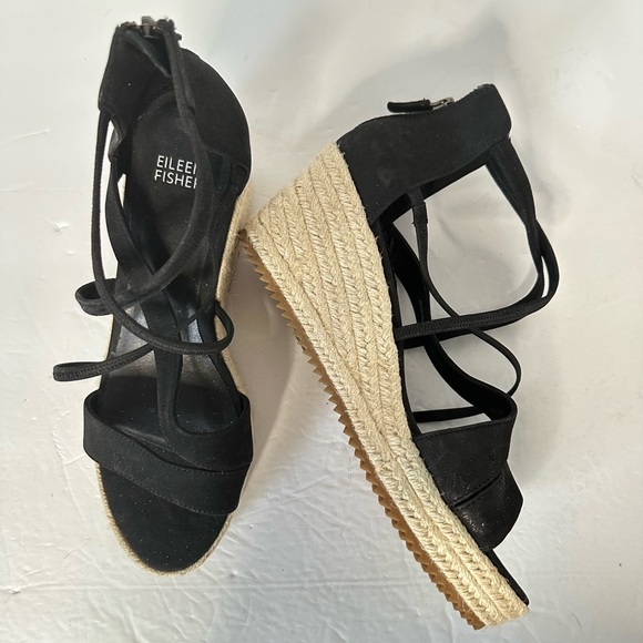 Eileen Fisher Black Wedge Sandals Espadrilles straps zipper back low heel  sz 8 - Picture 4 of 12